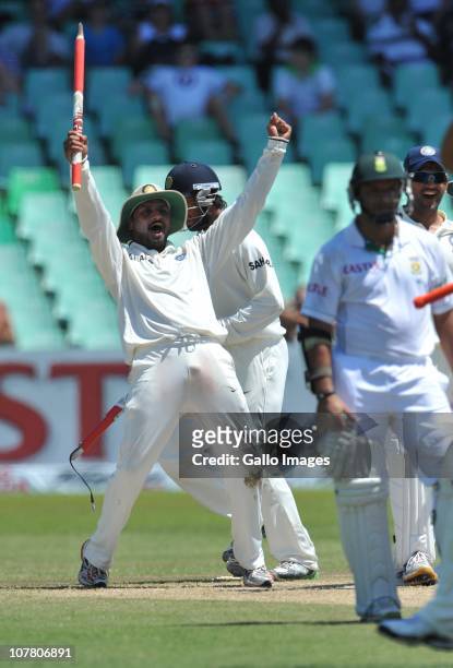 Harbhajan Singh of India celebrates the win by 87 runs during day 4 of the 2nd Test match between South Africa and India at Sahara Stadium, Kingsmead...