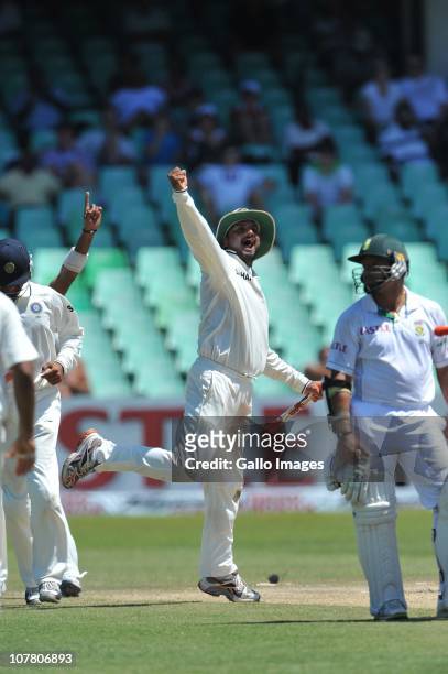 Harbhajan Singh of India celebrates the win by 87 runs during day 4 of the 2nd Test match between South Africa and India at Sahara Stadium, Kingsmead...