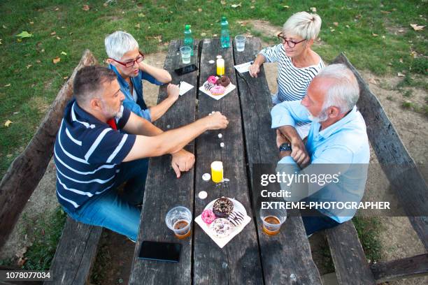 ältere leute spiel yacht zusammen beim picknick auf einer parkbank - bierbank stock-fotos und bilder