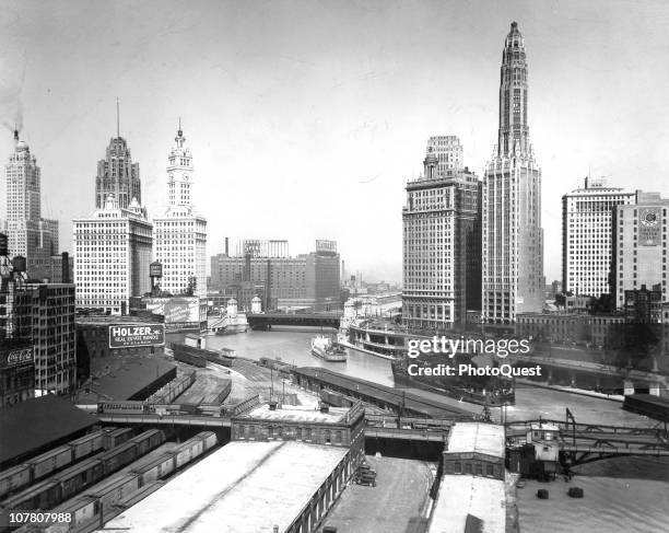 View of the Michigan Avenue Bridge over the Chicago River, Chicago, Illinois, mid twentieth century. Among the visible buildings are at left, th...