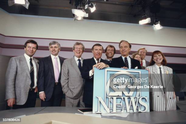 Media magnate Rupert Murdoch and broadcaster Andrew Neil at the launch of Sky TV in London, 5th February 1989. From left to right, Tony Blackburn,...