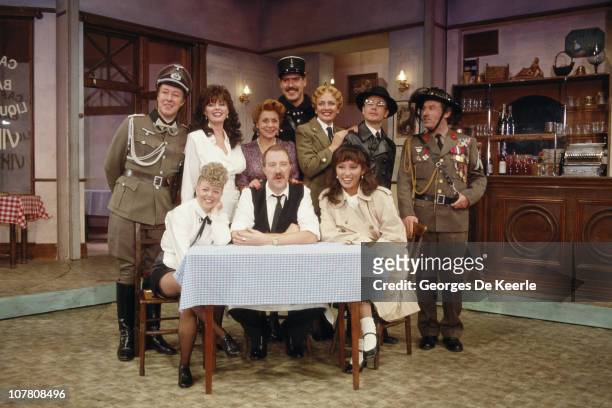 The stars of television's ''Allo 'Allo', circa 1989. From left to right , Guy Siner, Vicki Michelle, Carmen Silvera , Arthur Bostrom, Kim Hartman,...