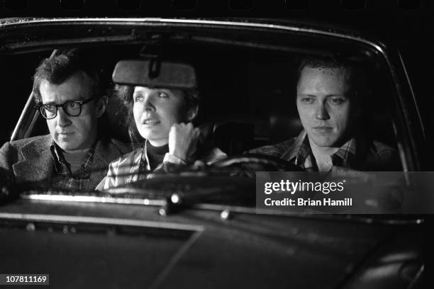 American film director and actor Woody Allen and actors Diane Keaton and Christopher Walken in a car in a scene from Allen's movie 'Annie Hall,' New...