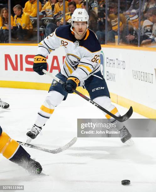 Nathan Beaulieu of the Buffalo Sabres skates against the Nashville Predators at Bridgestone Arena on December 3, 2018 in Nashville, Tennessee.