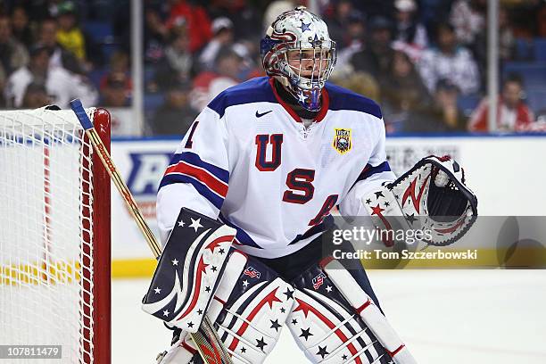 Goalie Jack Campbell of USA during the 2011 IIHF World U20 Championship Group A game between USA and Finland on December 26, 2010 at HSBC Arena in...