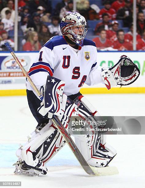 Goalie Jack Campbell of USA during the 2011 IIHF World U20 Championship Group A game between USA and Finland on December 26, 2010 at HSBC Arena in...