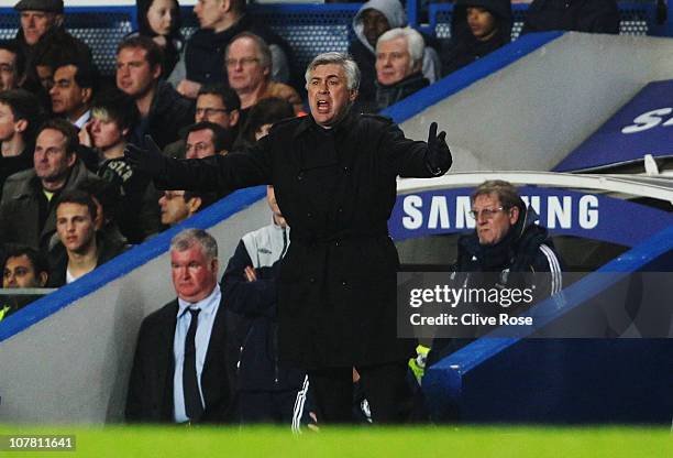 Carlo Ancelotti the Chelsea manager reacts on the touchline during the Barclays Premier League match between Chelsea and Bolton Wanderers at Stamford...