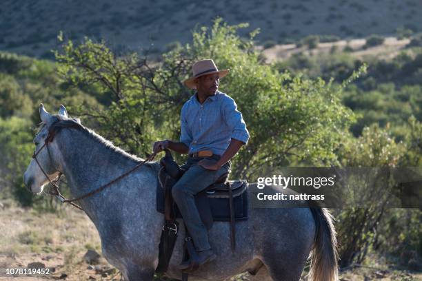 afrikanische männlichen rancher auf dem pferderücken - portrait hobby freizeit reiten stock-fotos und bilder