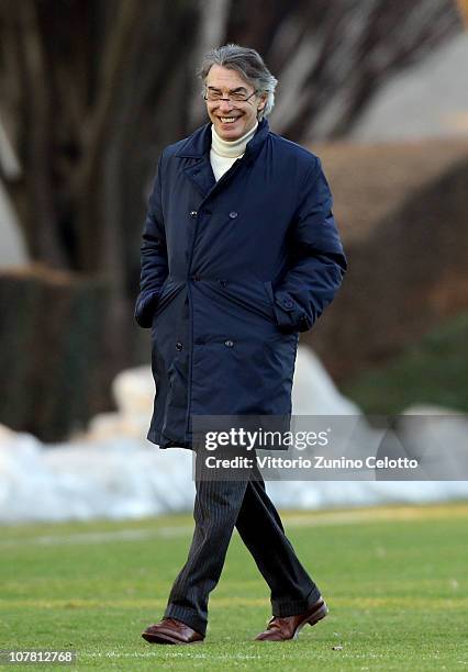 Massimo Moratti attends the FC Internazionale Milano training session at Centro Sportivo Angelo Moratti on December 29, 2010 in Appiano Gentile near...