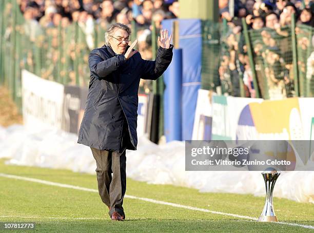 Massimo Moratti attends the FC Internazionale Milano training session at Centro Sportivo Angelo Moratti on December 29, 2010 in Appiano Gentile near...