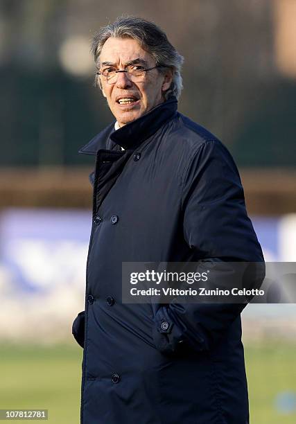 Massimo Moratti attends the FC Internazionale Milano training session at Centro Sportivo Angelo Moratti on December 29, 2010 in Appiano Gentile near...