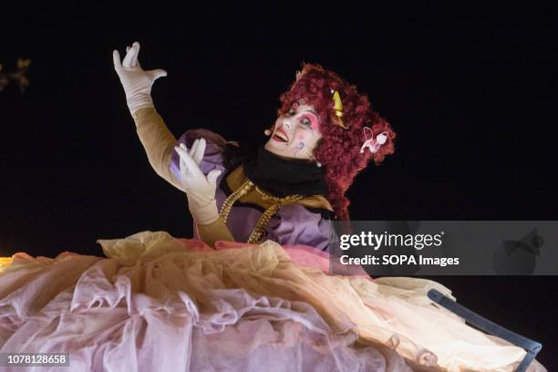 Queen of Hearts seen performing during the Cavalcade of Magi, or Three Kings Parade, in Madrid.