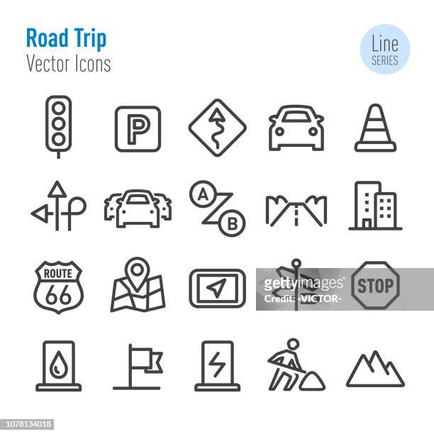 illustrazioni stock, clip art, cartoni animati e icone di tendenza di icone del viaggio su strada - vector line series - indicatore di direzione segnale