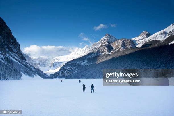 tourists walking on frozen lake. - see lake louise stock-fotos und bilder