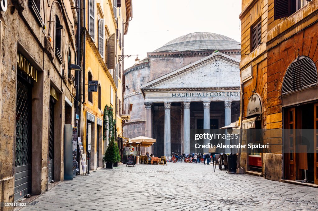 Cobblestone Walk Rome Old Cobblestone Street In Rome And Pantheon In The Center Italy High ...
