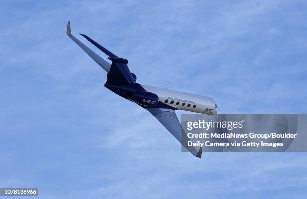 National Center for Atmospheric Research newest aircraft the Gulfstream V performs a fly over with at Jeffco Airport in Broomfield. The aircraft will...