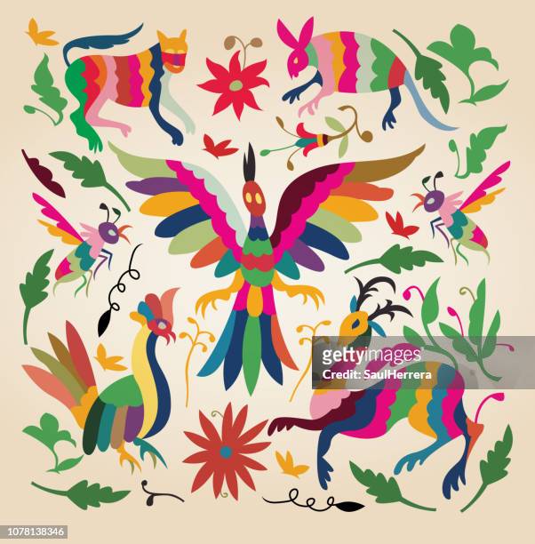 mexican craft - birds and flowers stock illustrations