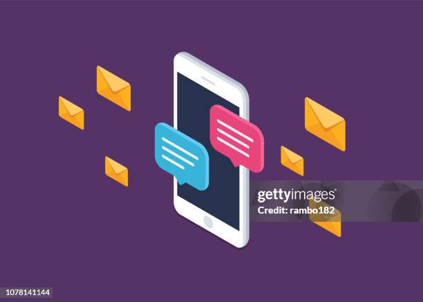 手機聊天語音總機向量圖示孤立的線路輪廓, 智慧手機聊天泡沫演講表意字元, 線上通話的概念, 說話消息, 對話, 對話符號, 等距插圖。 - message sms 幅插畫檔、美工圖案、卡通及圖標