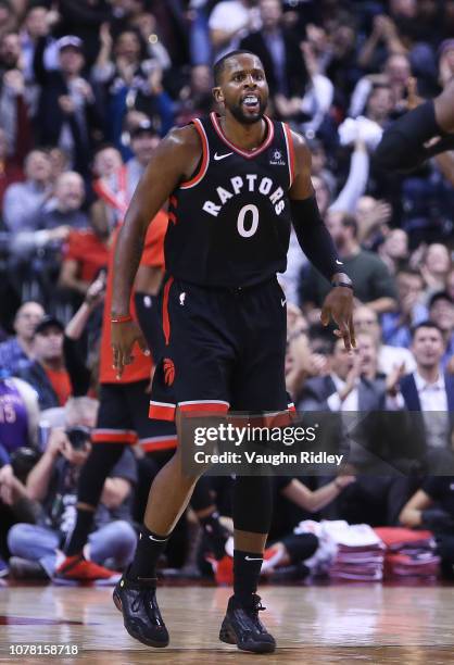 Miles of the Toronto Raptors reacts during the second half of an NBA game against the Denver Nuggets at Scotiabank Arena on December 3, 2018 in...