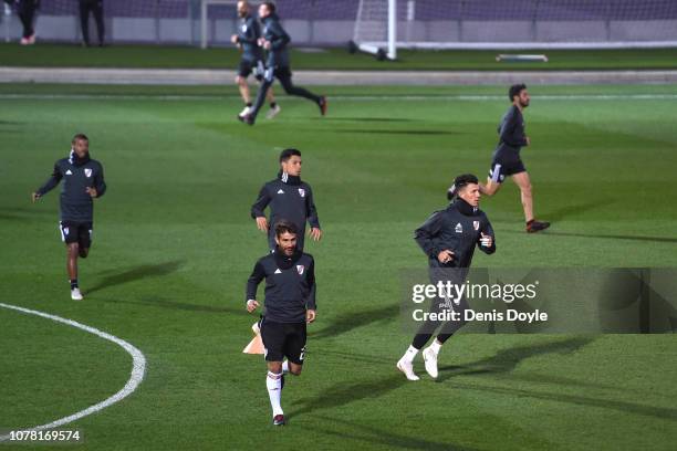 Leonardo Ponzio of River Plate runs during a training session at Ciudad Real Madrid training grounds ahead of the all-Argentine Copa Libertadores...