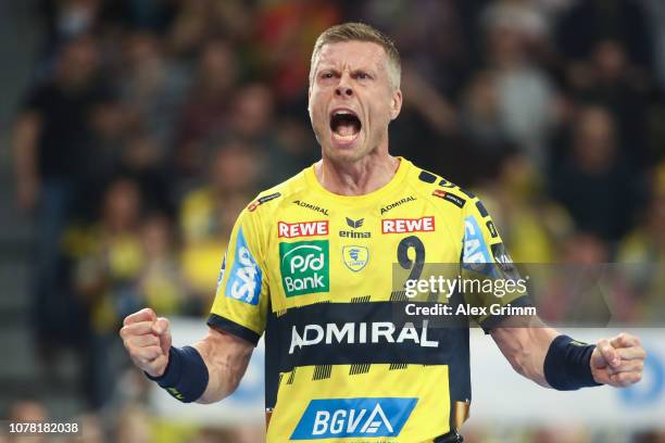 Gudjon Valur Sigurdsson of Rhein-Neckar Loewen celebrates a goal during the DKB HBL match between RN Loewen and Scores a goal Magdeburg at SAP Arena...