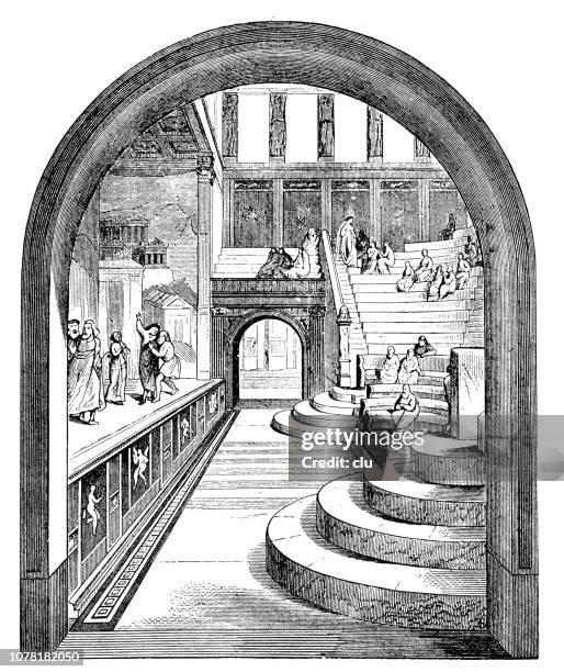 ancient rome, small theatre in pompeii, stage and audience - small stage stock illustrations