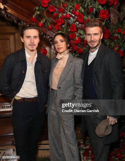 Brooklyn, Victoria and David Beckham attend the Kent & Curwen presentation during London Fashion Week Men's January 2019 at Two Temple Place on...