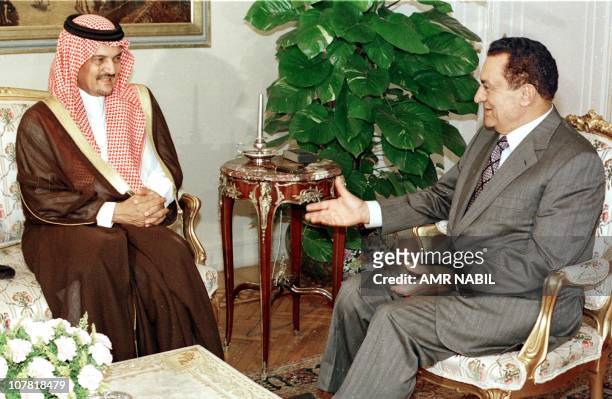 Egyptian President Hosni Mubarak chats with Saudi Foreign Minister Saud al-Faisal during their meeting in Cairo 10 June. Egypty and Saudi Arabia have...