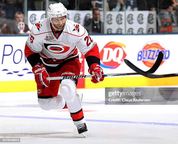 Erik Cole of the Carolina Hurricanes skates in a game against the Toronto Maple Leafs on December 28, 2010 at the Air Canada Centre in Toronto,...