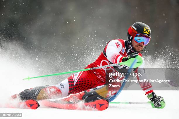 Marcel Hirscher of Austria competes during the Audi FIS Alpine Ski World Cup Men's Slalom on January 6, 2019 in Zagreb Croatia.