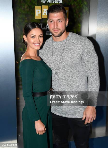 Miss Universe 2017 Demi-Leigh Nel-Peters and Tim Tebow of ESPN attend the Party At The Playoff at The GlassHouse on January 5, 2019 in San Jose,...