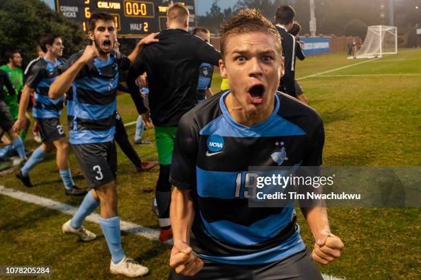 Reid Culberson of Calvin College celebrates after winning the Division III Men's Soccer Championship held at the UNCG Soccer Stadium on December 1,...