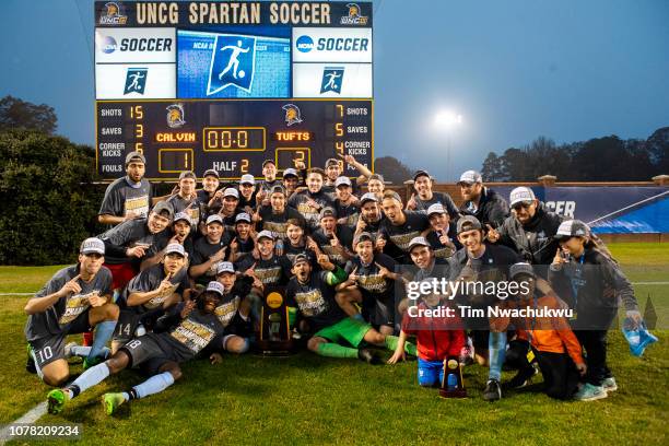 Tufts University celebrates after winning the Division III Men's Soccer Championship held at the UNCG Soccer Stadium on December 1, 2018 in...