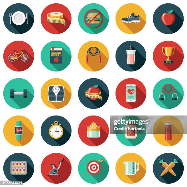 stockillustraties, clipart, cartoons en iconen met gewicht verlies platte ontwerp icon set - exercise pill