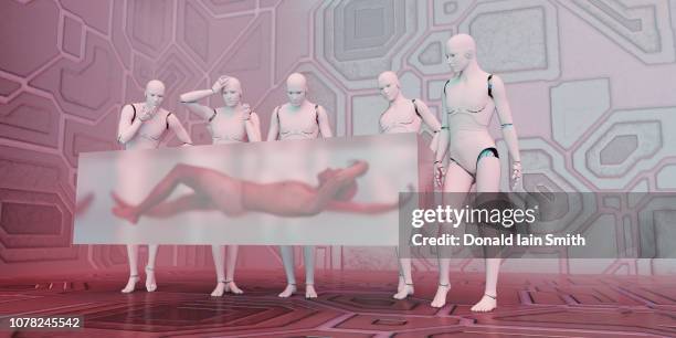 group of robots look at human figure frozen inside glass cube - cryotherapy stockfoto's en -beelden