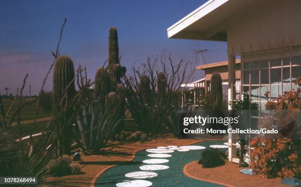 View of a contemporary desert home and backyard at the Apache Wells Country Club, in the Mesa suburb of Phoenix, Arizona, July, 1968.