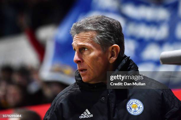 Claude Puel, Manager of Leicester City looks on during the FA Cup Third Round match between Newport County and Leicester City at Rodney Parade on...