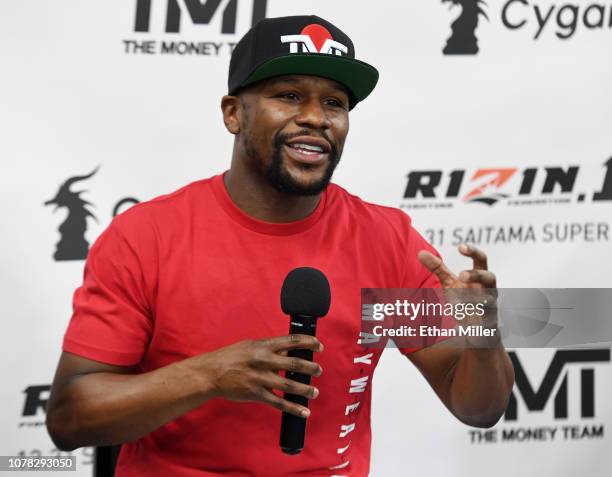 Floyd Mayweather Jr. Speaks during a news conference at the Mayweather Boxing Club on December 6, 2018 in Las Vegas, Nevada. Mayweather will meet...