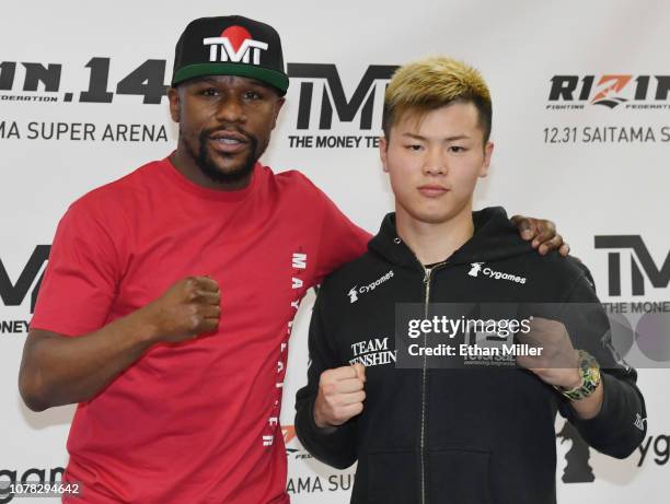 Floyd Mayweather Jr. And Tenshin Nasukawa pose during a news conference at the Mayweather Boxing Club on December 6, 2018 in Las Vegas, Nevada. The...