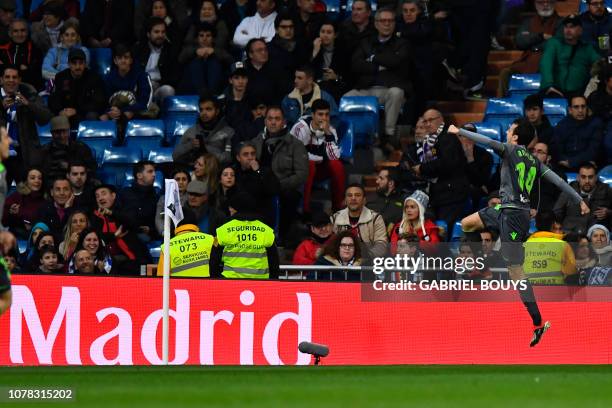 Real Sociedad's Spanish midfielder Ruben Pardo Gutierrez celebrates scoring their second goal during the Spanish League football match between Real...