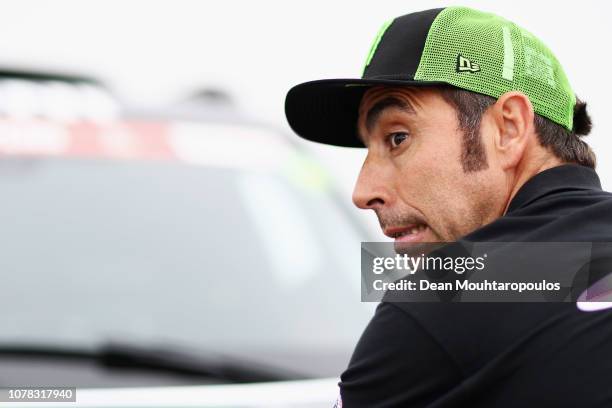 Raid Team No. 307 driver, Nani Roma of Spain looks on during the 2019 Dakar Rally Peru at Las Palmas air base or Base Aerea Las Palmas on January 6,...