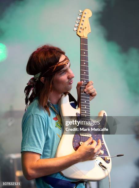 Kevin Parker of Tame Impala performs on stage on day three of the Falls Music & Arts Festival on December 31, 2010 in Lorne, Australia.