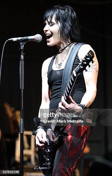 Joan Jett of Joan Jett and the Blackhearts performs on stage on day three of the Falls Music & Arts Festival on December 31, 2010 in Lorne, Australia.
