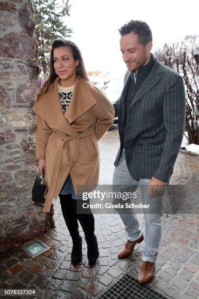 Jessica Hinterseer, daughter of Hansi Hinterseer, and her fiance Timo Scheider during the Neujahrs- Karpfenessen at hotel Kitzhof on January 6, 2019...