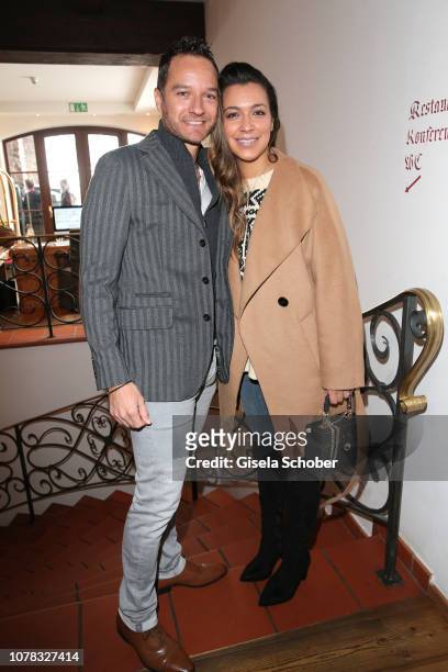 Jessica Hinterseer, daughter of Hansi Hinterseer and her fiance Timo Scheider during the Neujahrs- Karpfenessen at hotel Kitzhof on January 6, 2019...
