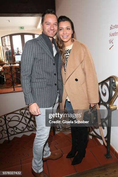 Jessica Hinterseer, daughter of Hansi Hinterseer and her fiance Timo Scheider during the Neujahrs- Karpfenessen at hotel Kitzhof on January 6, 2019...