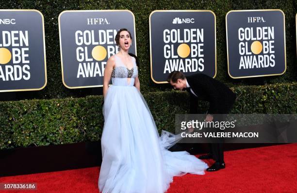 Actress Alison Brie and husband US actor Dave Franco arrive for the 76th annual Golden Globe Awards on January 6 at the Beverly Hilton hotel in...