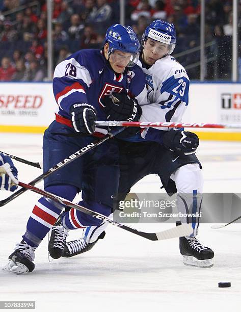 Forward Richard Panik of Slovakia draws a penalty as he tries to get past defenseman Jesse Virtanen of Finland during the 2011 IIHF World U20...