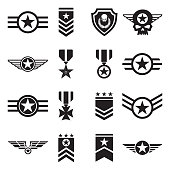 Military Badges Icons. Black Flat Design. Vector Illustration.