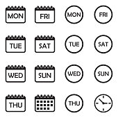Days Of The Week Icons. Black Flat Design. Vector Illustration.